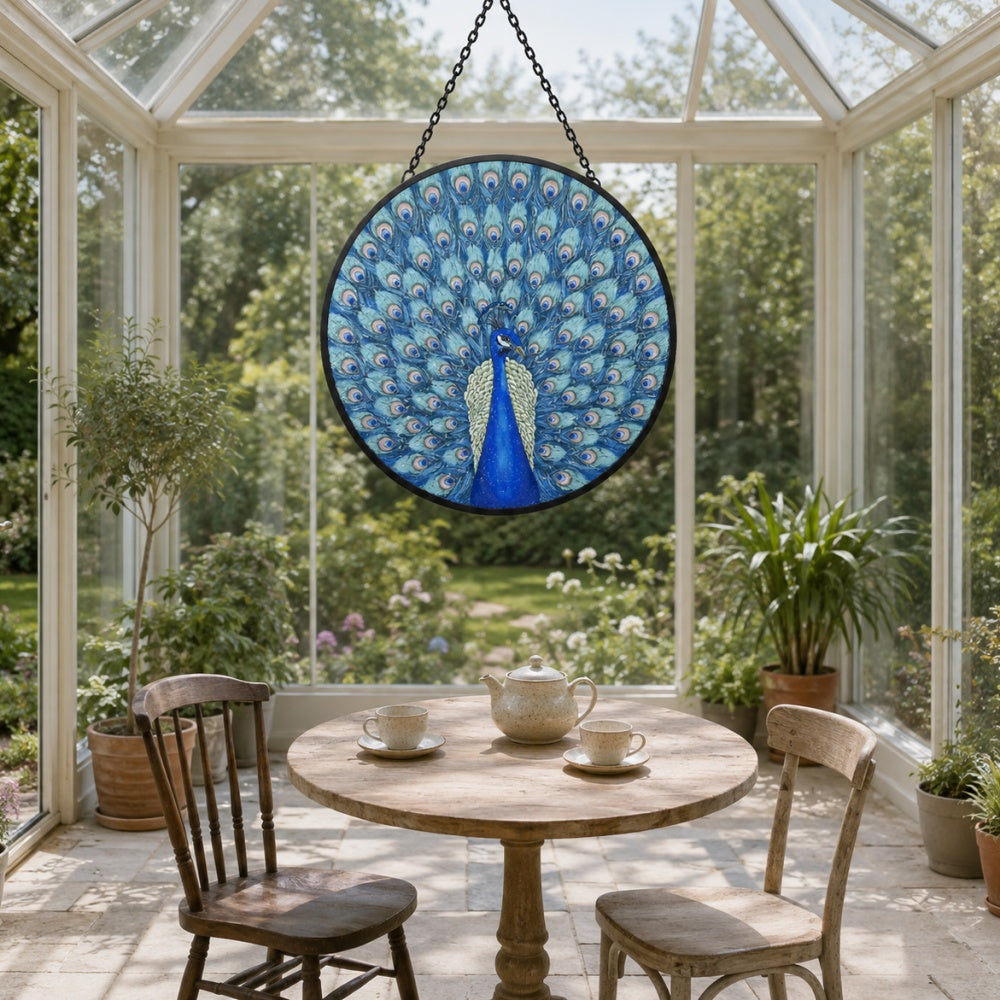 Majestic peacock stained glass suncatcher window hanging, suitable for home and garden decoration