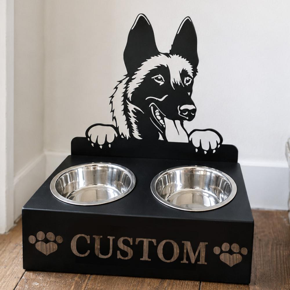 Personalized malinois dog metal dog bowl stand with custom name cutout and two removable feeding bowls