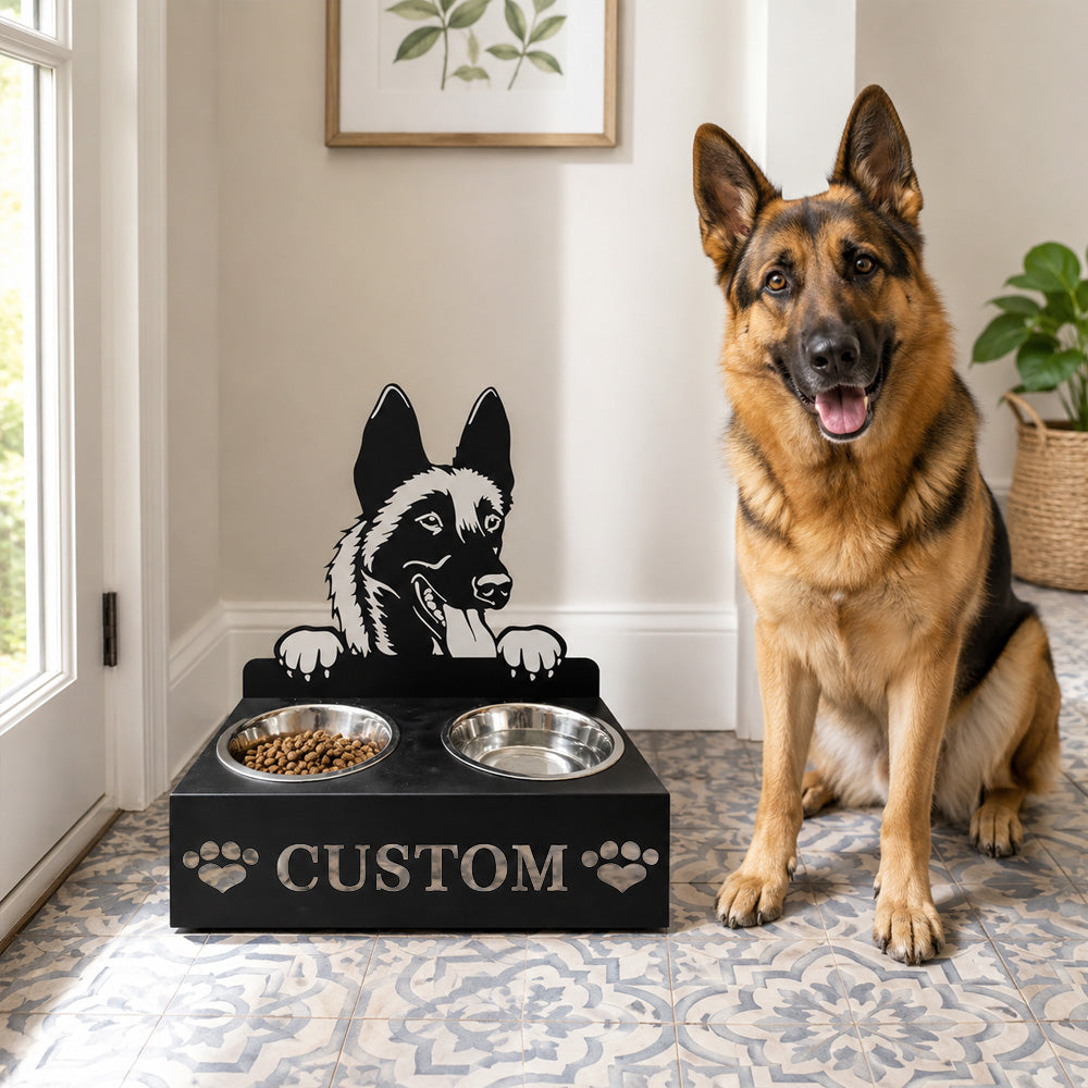 Personalized malinois dog metal dog bowl stand with custom name cutout and two removable feeding bowls