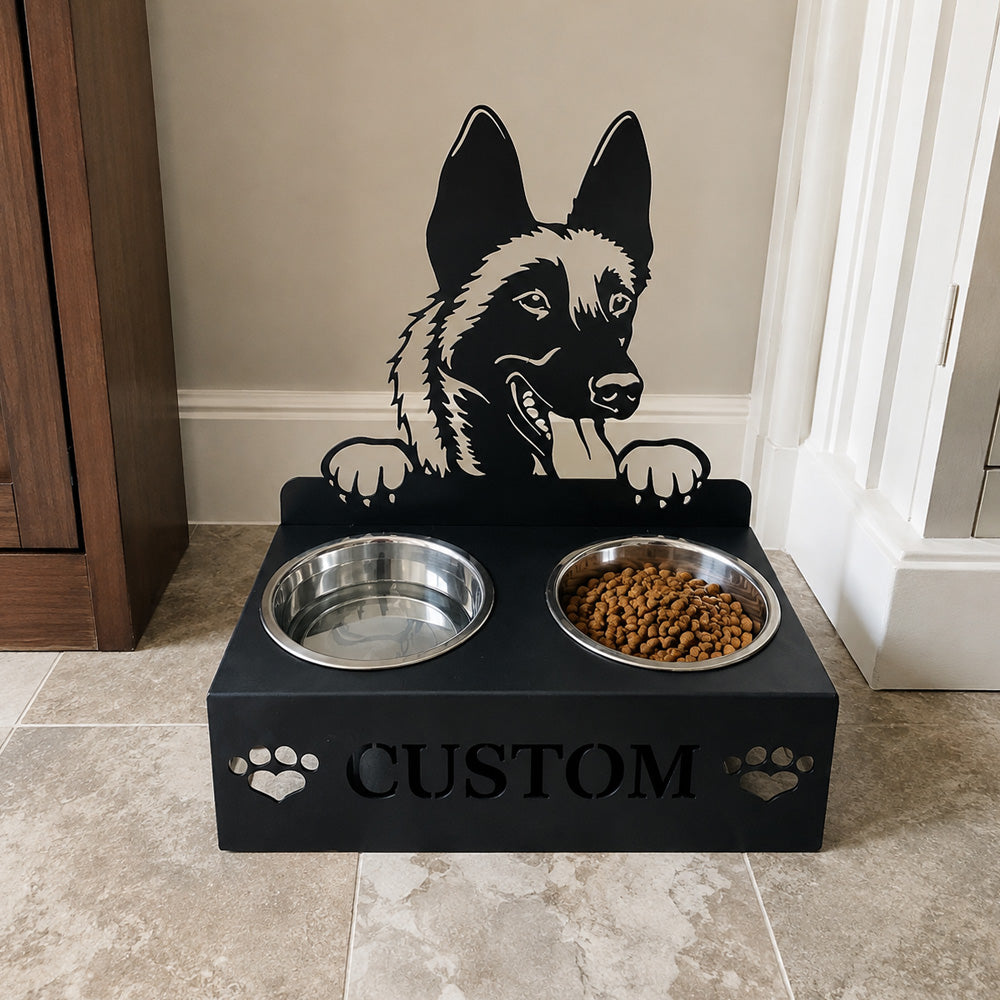 Personalized malinois dog metal dog bowl stand with custom name cutout and two removable feeding bowls