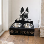 Personalized malinois dog metal dog bowl stand with custom name cutout and two removable feeding bowls