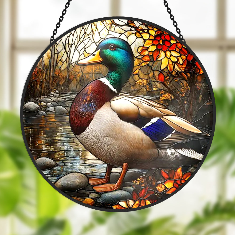 Mallard duck nature stained glass suncatcher window hanging, suitable for home and garden decoration