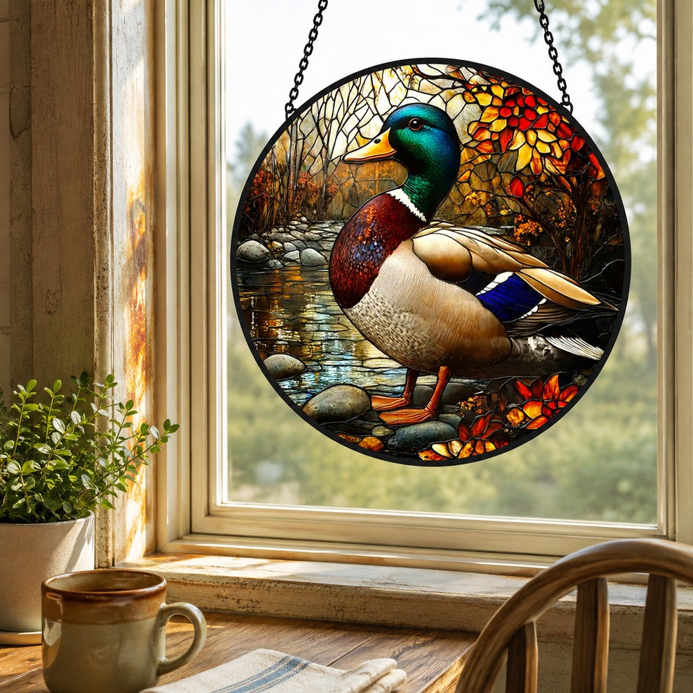 Mallard duck nature stained glass suncatcher window hanging, suitable for home and garden decoration