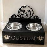 Personalized maltese metal dog bowl stand with custom name cutout and two removable feeding bowls