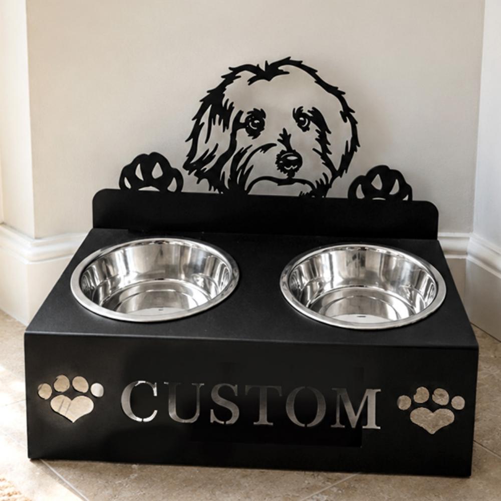 Personalized maltese metal dog bowl stand with custom name cutout and two removable feeding bowls