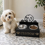 Personalized maltese metal dog bowl stand with custom name cutout and two removable feeding bowls