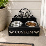 Personalized maltese metal dog bowl stand with custom name cutout and two removable feeding bowls