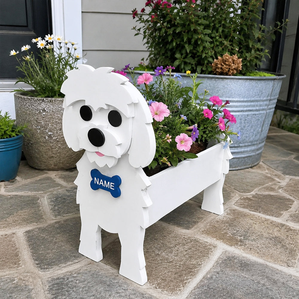 Maltese dog planter filled with fresh flowers is placed in the garden