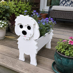 Maltese dog planter filled with fresh flowers is placed in the garden
