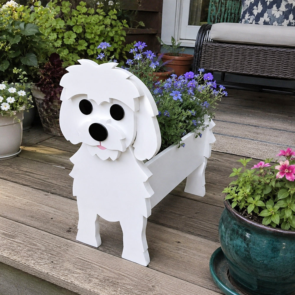 Maltese dog planter filled with fresh flowers is placed in the garden