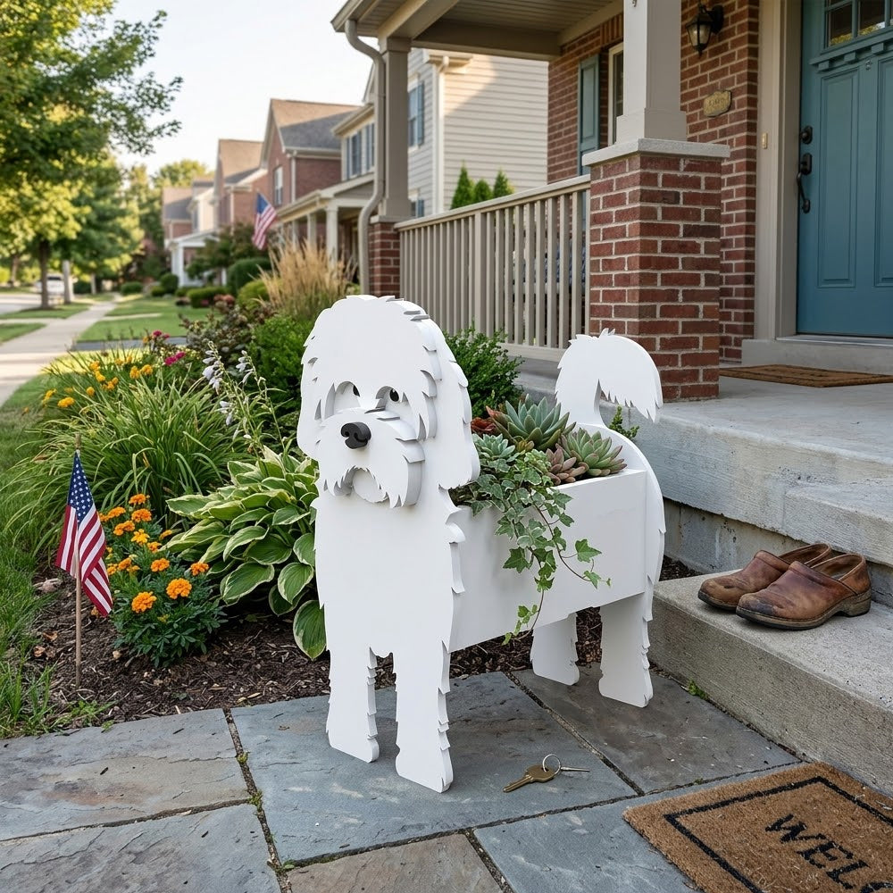 Maltese dog planter filled with fresh flowers is placed in the garden