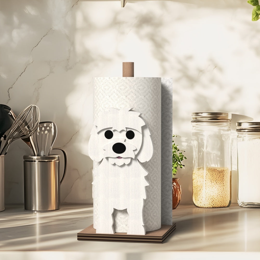 Maltese Wooden Dog Paper Towel Holder displayed on a kitchen countertop with a freestanding paper towel roll
