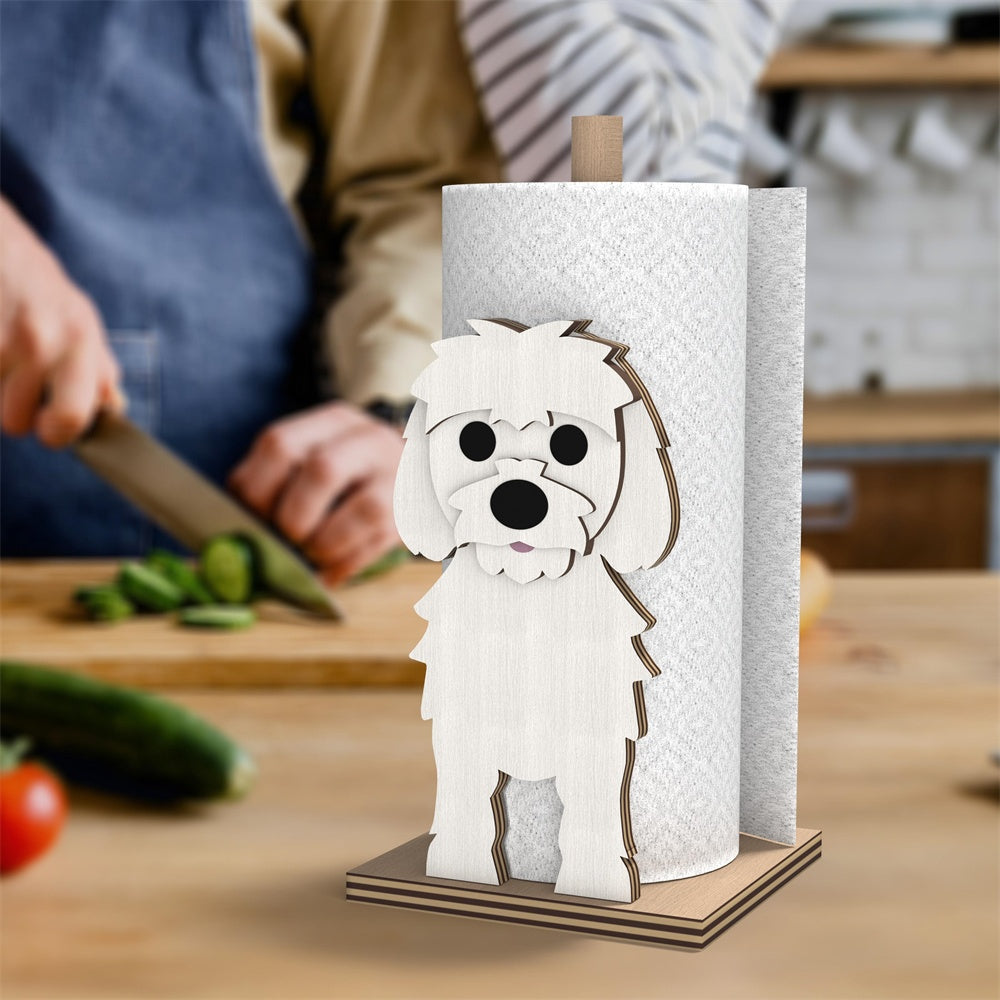 Maltese Wooden Dog Paper Towel Holder displayed on a kitchen countertop with a freestanding paper towel roll