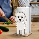 Maltese Wooden Dog Paper Towel Holder displayed on a kitchen countertop with a freestanding paper towel roll