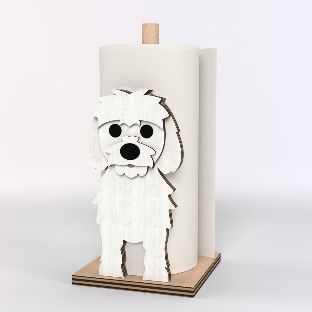 Maltese Wooden Dog Paper Towel Holder displayed on a kitchen countertop with a freestanding paper towel roll