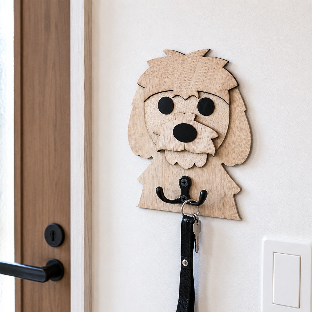 Wooden maltese dog wall hook key and leash holder for home entryway organizer