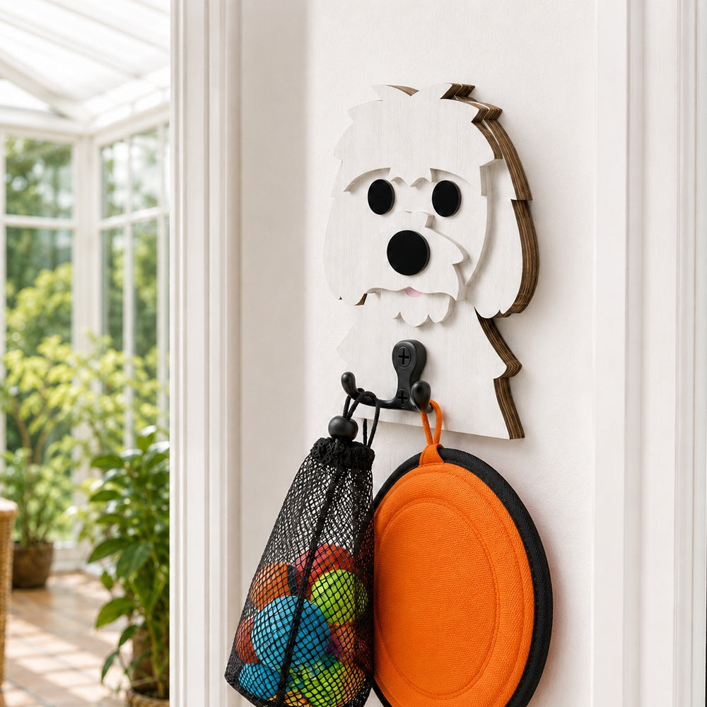Wooden maltese dog wall hook key and leash holder for home entryway organizer