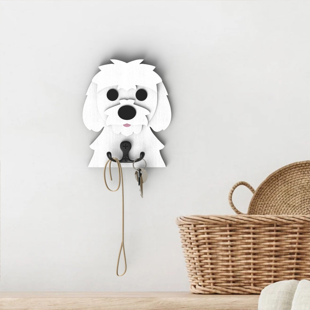 Wooden maltese dog wall hook key and leash holder for home entryway organizer