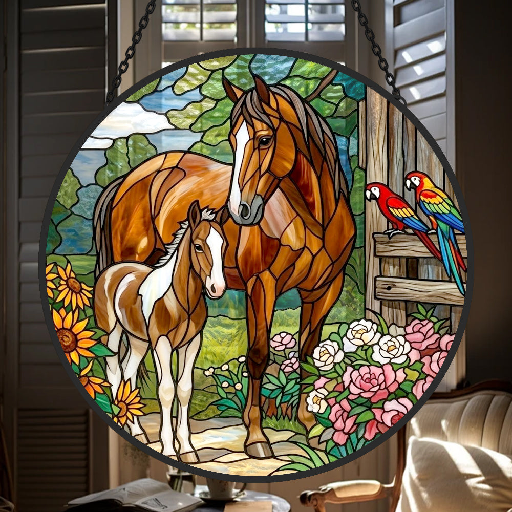 Mare and foal with parrots stained glass suncatcher window hanging, suitable for home and garden decoration