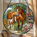 Mare and foal with parrots stained glass suncatcher window hanging, suitable for home and garden decoration