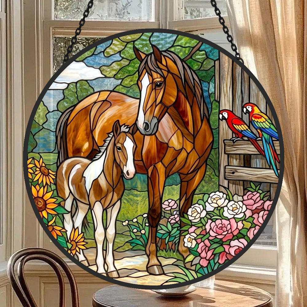 Mare and foal with parrots stained glass suncatcher window hanging, suitable for home and garden decoration