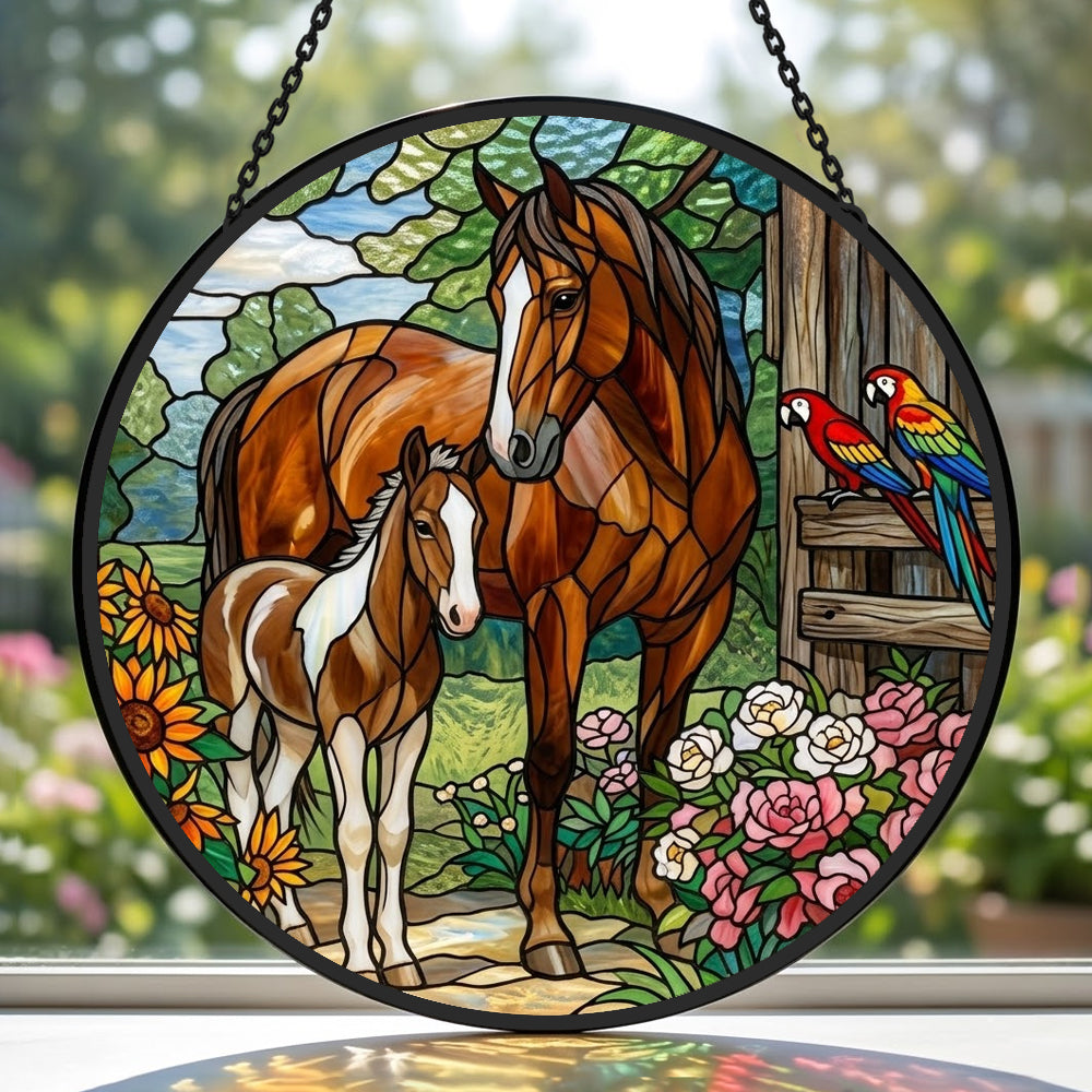 Mare and foal with parrots stained glass suncatcher window hanging, suitable for home and garden decoration