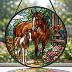Mare and foal with parrots stained glass suncatcher window hanging, suitable for home and garden decoration