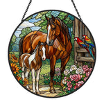 Mare and foal with parrots stained glass suncatcher window hanging, suitable for home and garden decoration