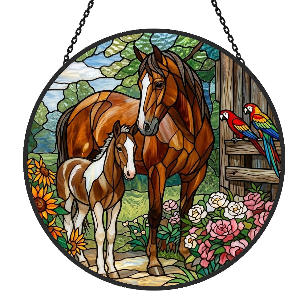 Mare and foal with parrots stained glass suncatcher window hanging, suitable for home and garden decoration