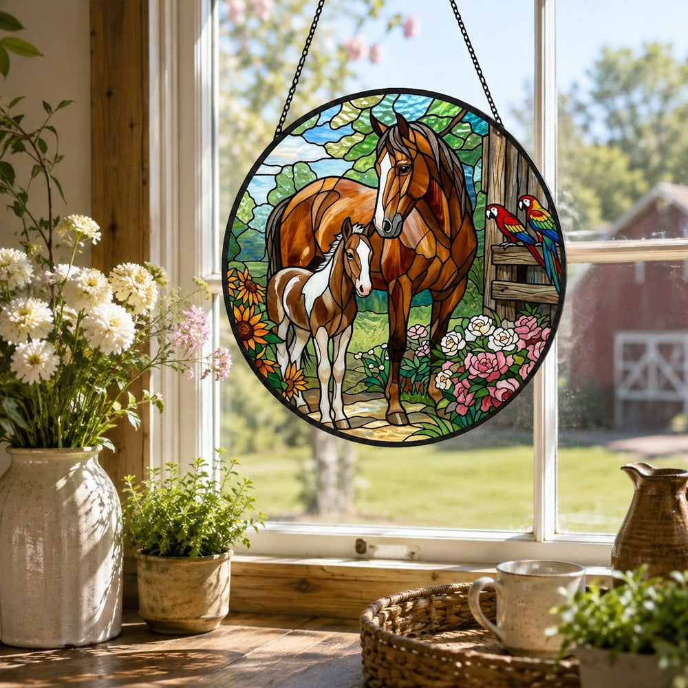 Mare and foal with parrots stained glass suncatcher window hanging, suitable for home and garden decoration