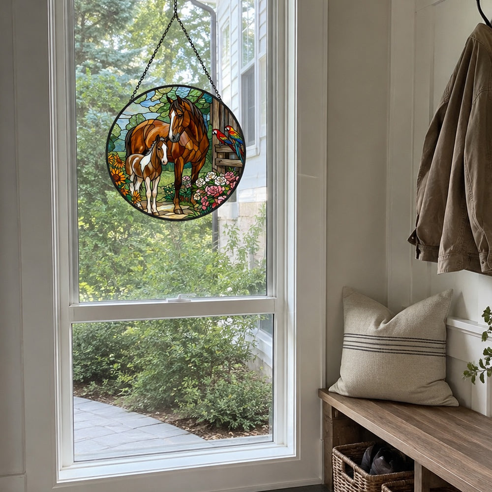 Mare and foal with parrots stained glass suncatcher window hanging, suitable for home and garden decoration
