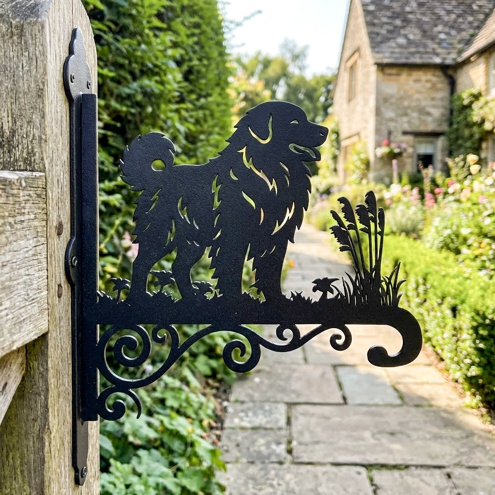 Maremma sheepdog metal hanging basket bracket mounted on outdoor wall for plant decoration