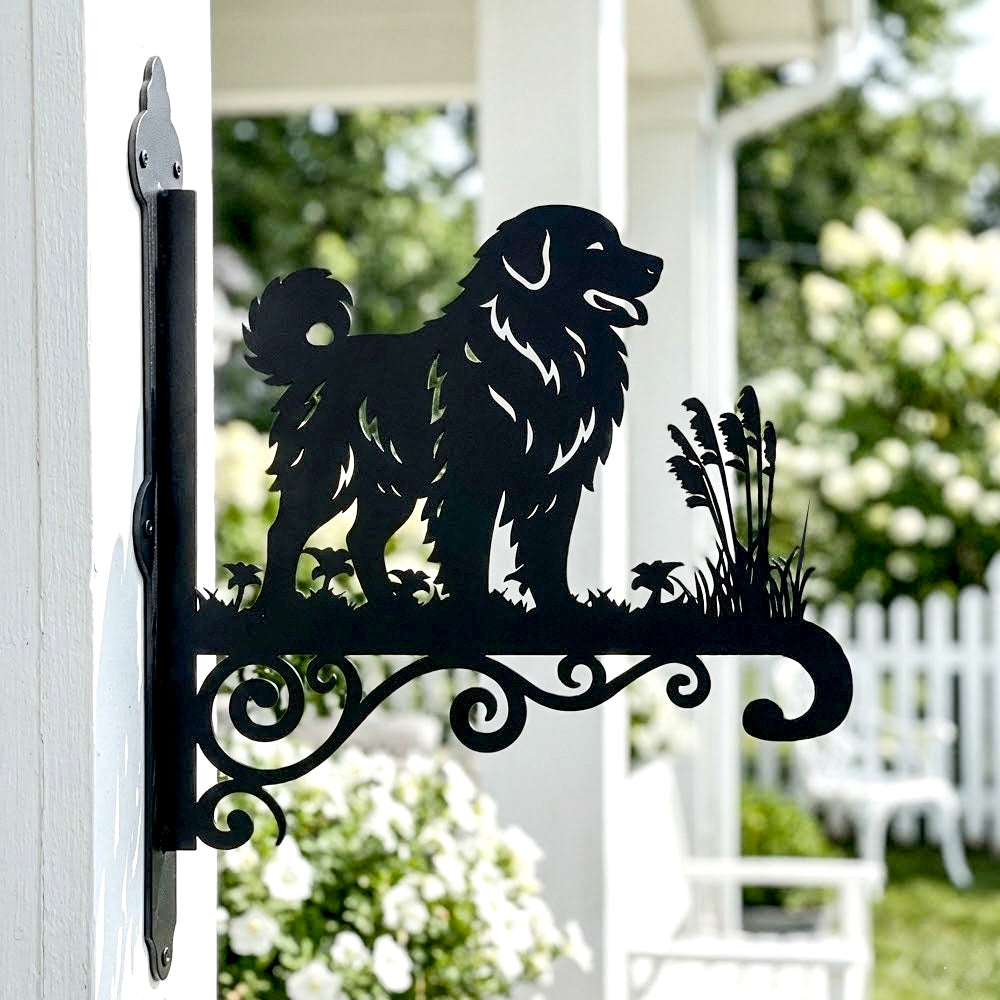 Maremma sheepdog metal hanging basket bracket mounted on outdoor wall for plant decoration