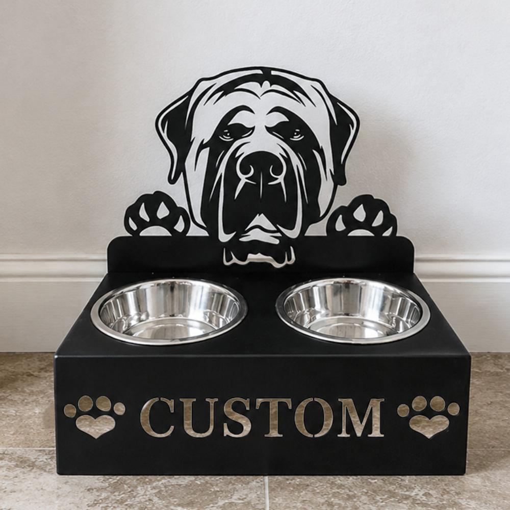 Personalized mastiff dog metal dog bowl stand with custom name cutout and two removable feeding bowls