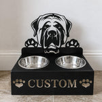 Personalized mastiff dog metal dog bowl stand with custom name cutout and two removable feeding bowls