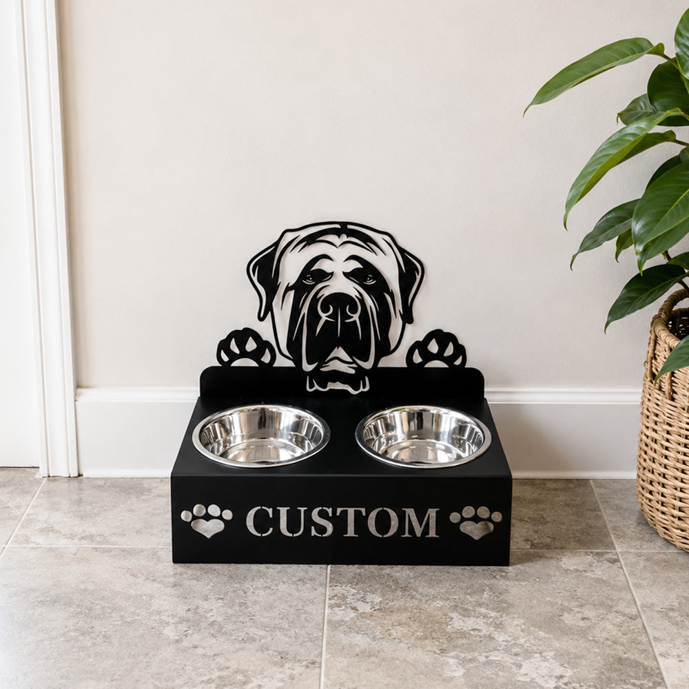 Personalized mastiff dog metal dog bowl stand with custom name cutout and two removable feeding bowls