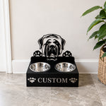Personalized mastiff dog metal dog bowl stand with custom name cutout and two removable feeding bowls
