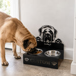 Personalized mastiff dog metal dog bowl stand with custom name cutout and two removable feeding bowls