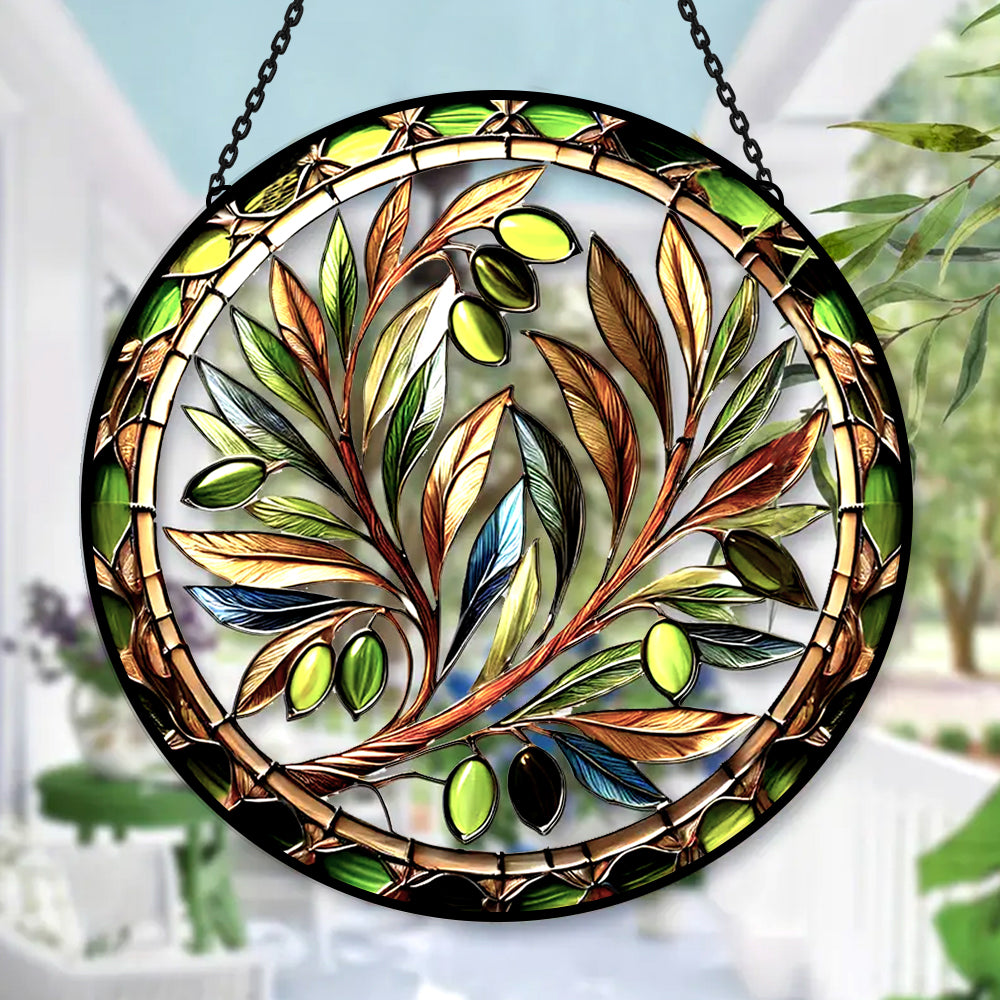Mediterranean olive branch stained glass suncatcher window hanging, suitable for home and garden decoration