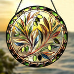 Mediterranean olive branch stained glass suncatcher window hanging, suitable for home and garden decoration