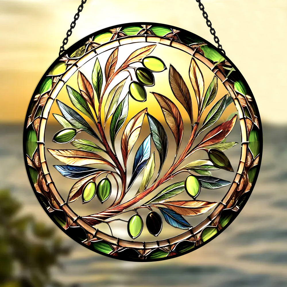 Mediterranean olive branch stained glass suncatcher window hanging, suitable for home and garden decoration