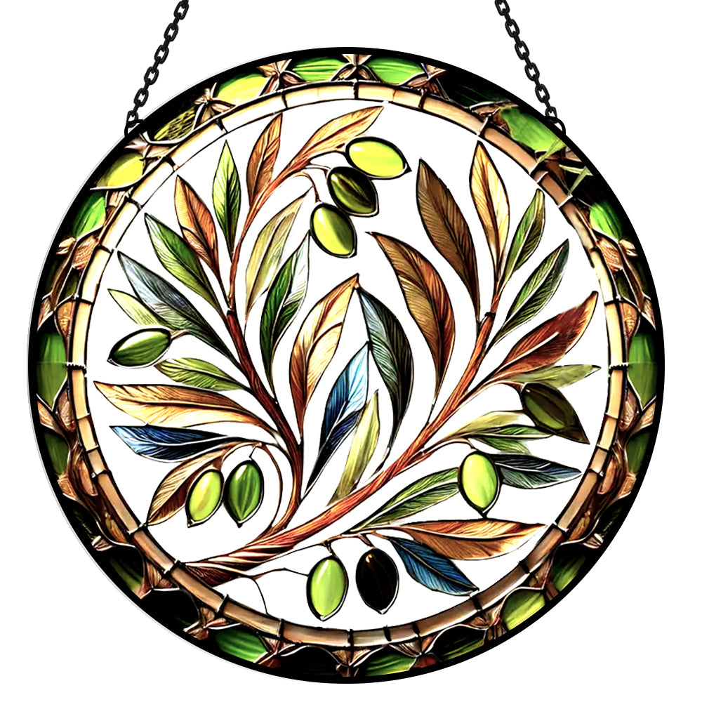 Mediterranean olive branch stained glass suncatcher window hanging, suitable for home and garden decoration
