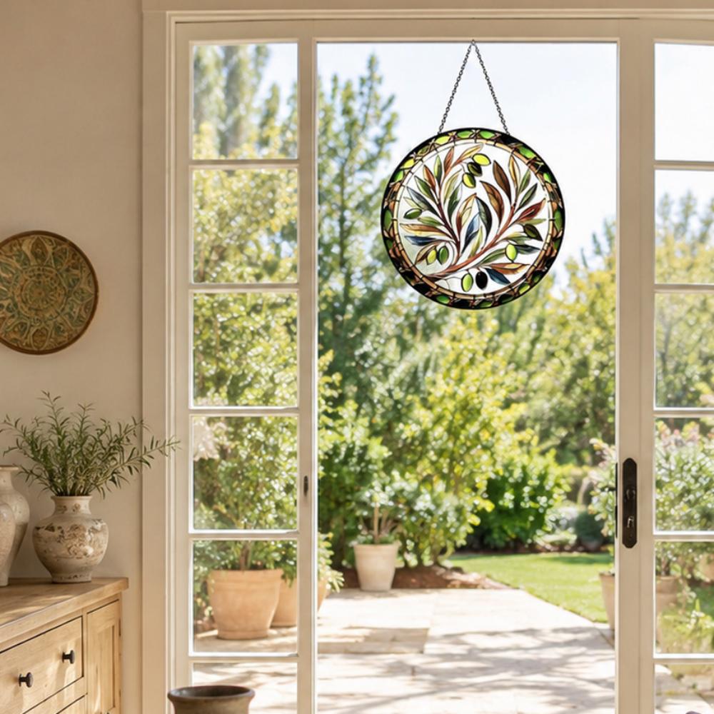 Mediterranean olive branch stained glass suncatcher window hanging, suitable for home and garden decoration