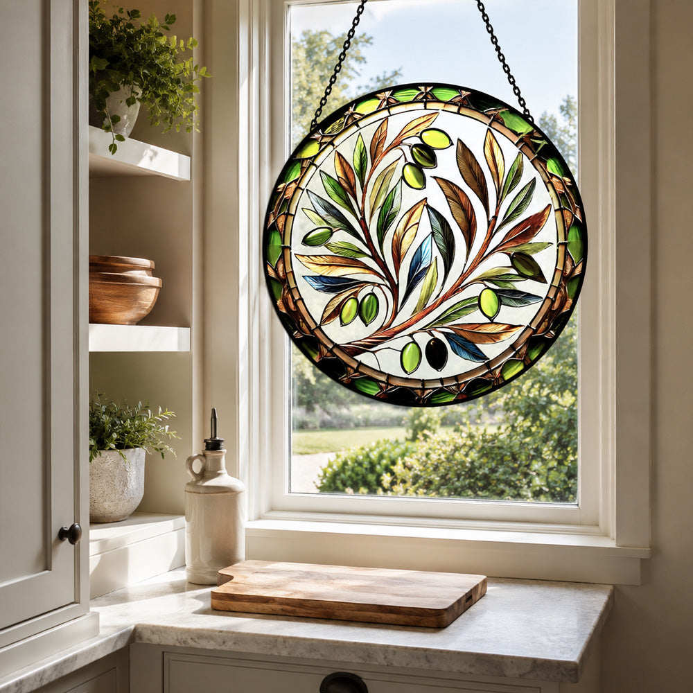 Mediterranean olive branch stained glass suncatcher window hanging, suitable for home and garden decoration