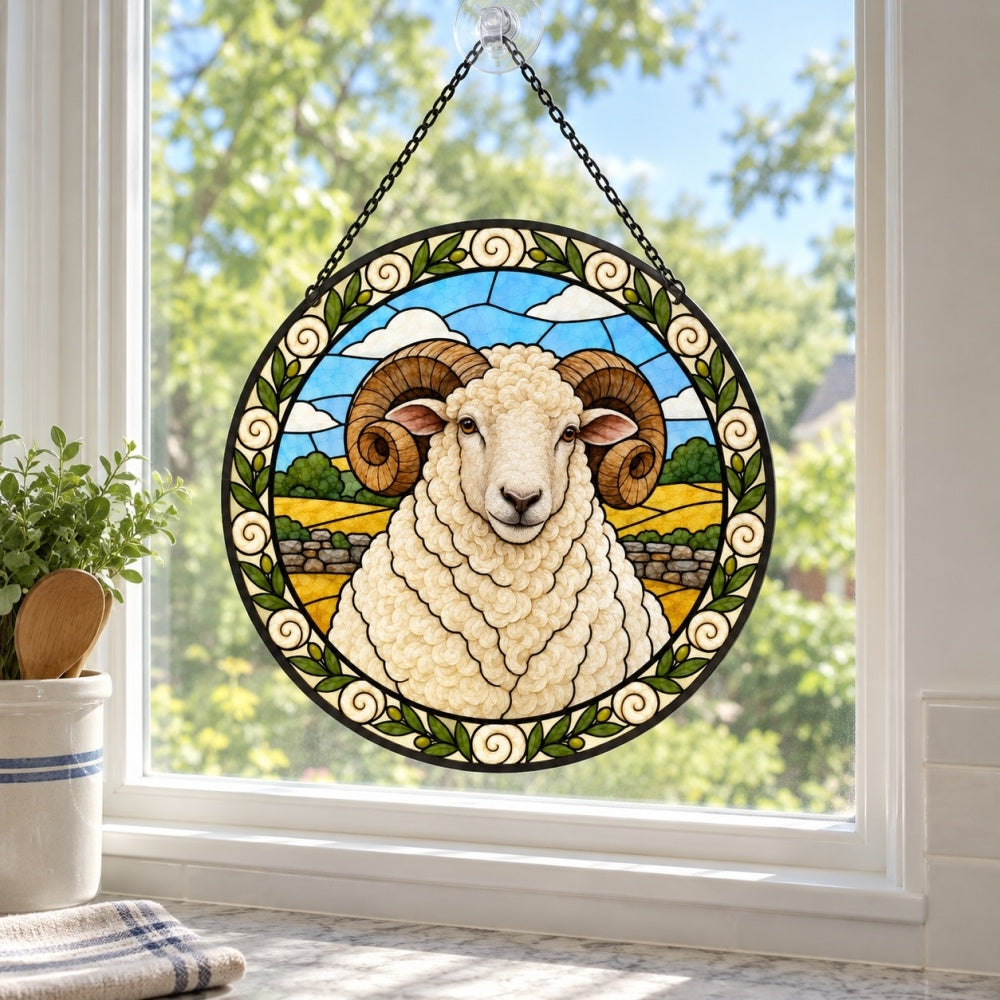 Merino sheep stained glass suncatcher window hanging, suitable for home and garden decoration