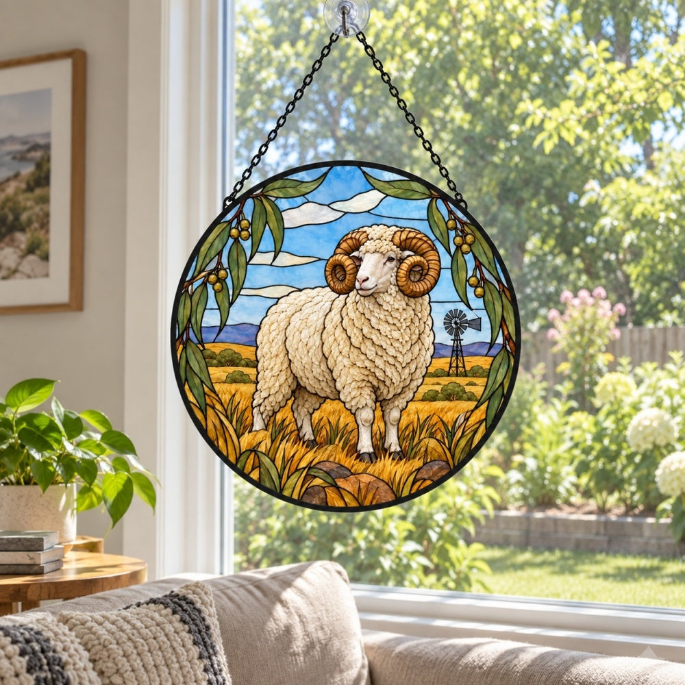 Merino sheep stained glass suncatcher window hanging, suitable for home and garden decoration