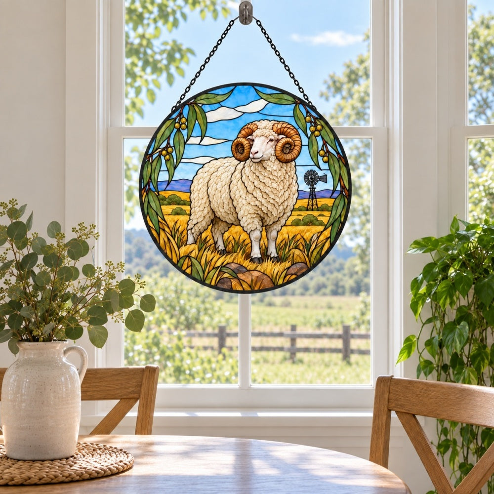 Merino sheep stained glass suncatcher window hanging, suitable for home and garden decoration