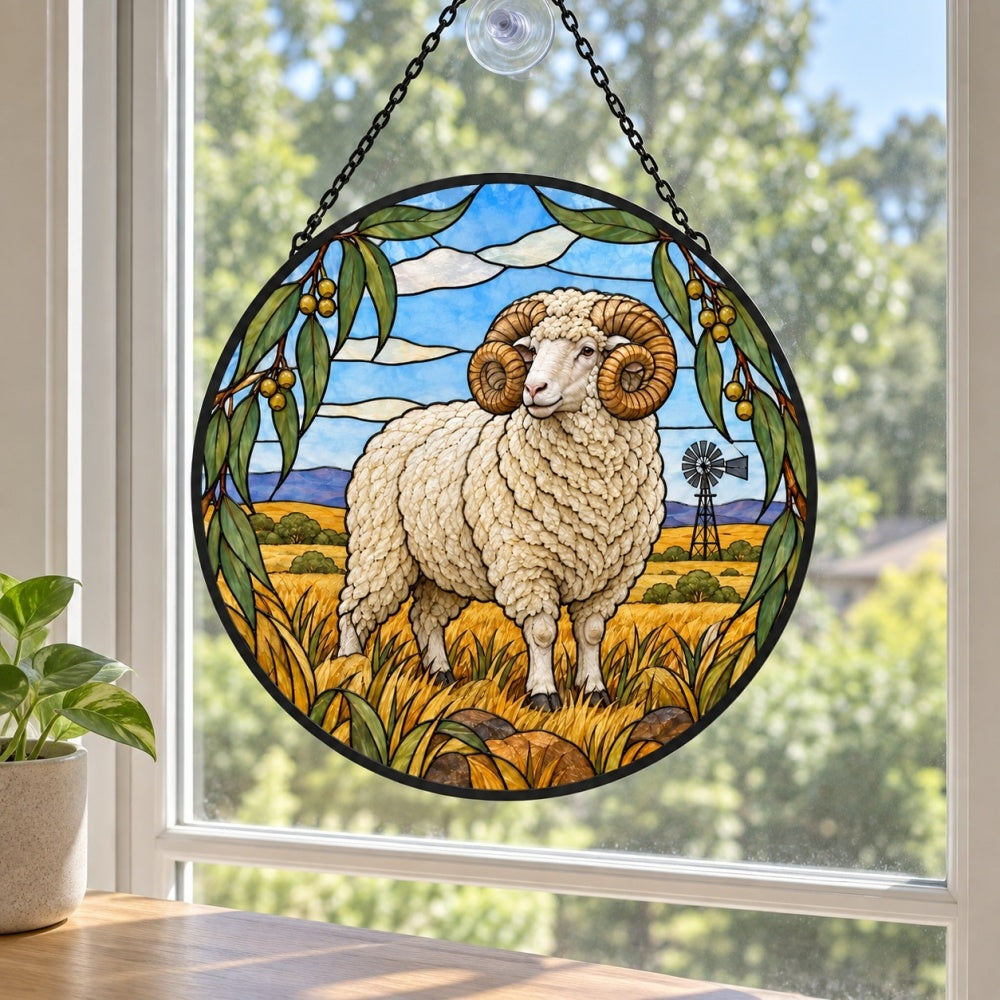 Merino sheep stained glass suncatcher window hanging, suitable for home and garden decoration