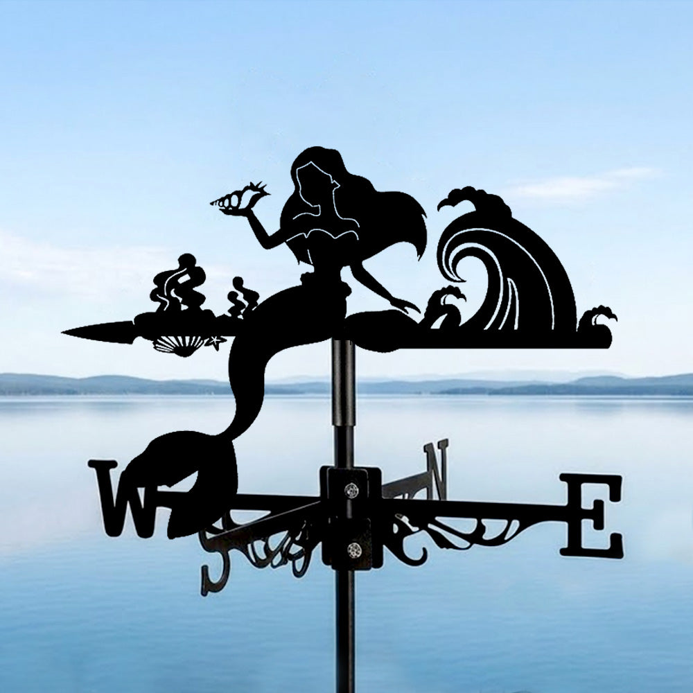 Mermaid metal weather vane with directional arrows and mounting rod, outdoor roof and garden decoration