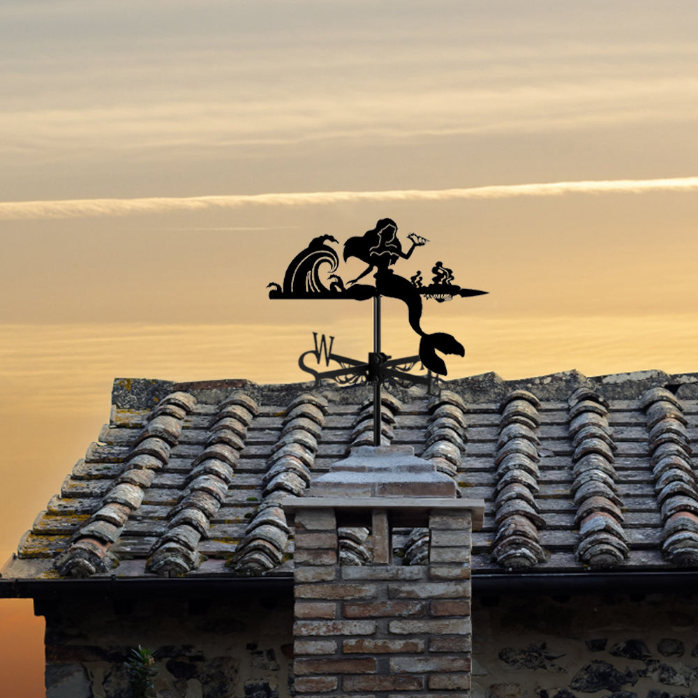 Mermaid metal weather vane with directional arrows and mounting rod, outdoor roof and garden decoration